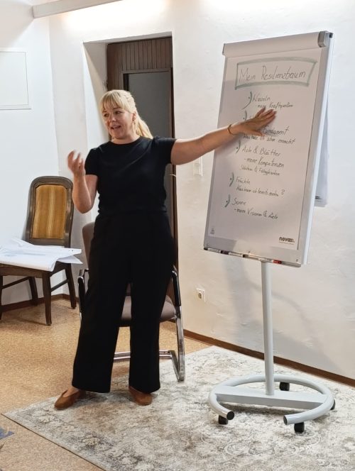 Stephanie Illich steht vor einer Flipchart und erklärt Inhalte während einer Gruppenberatung.